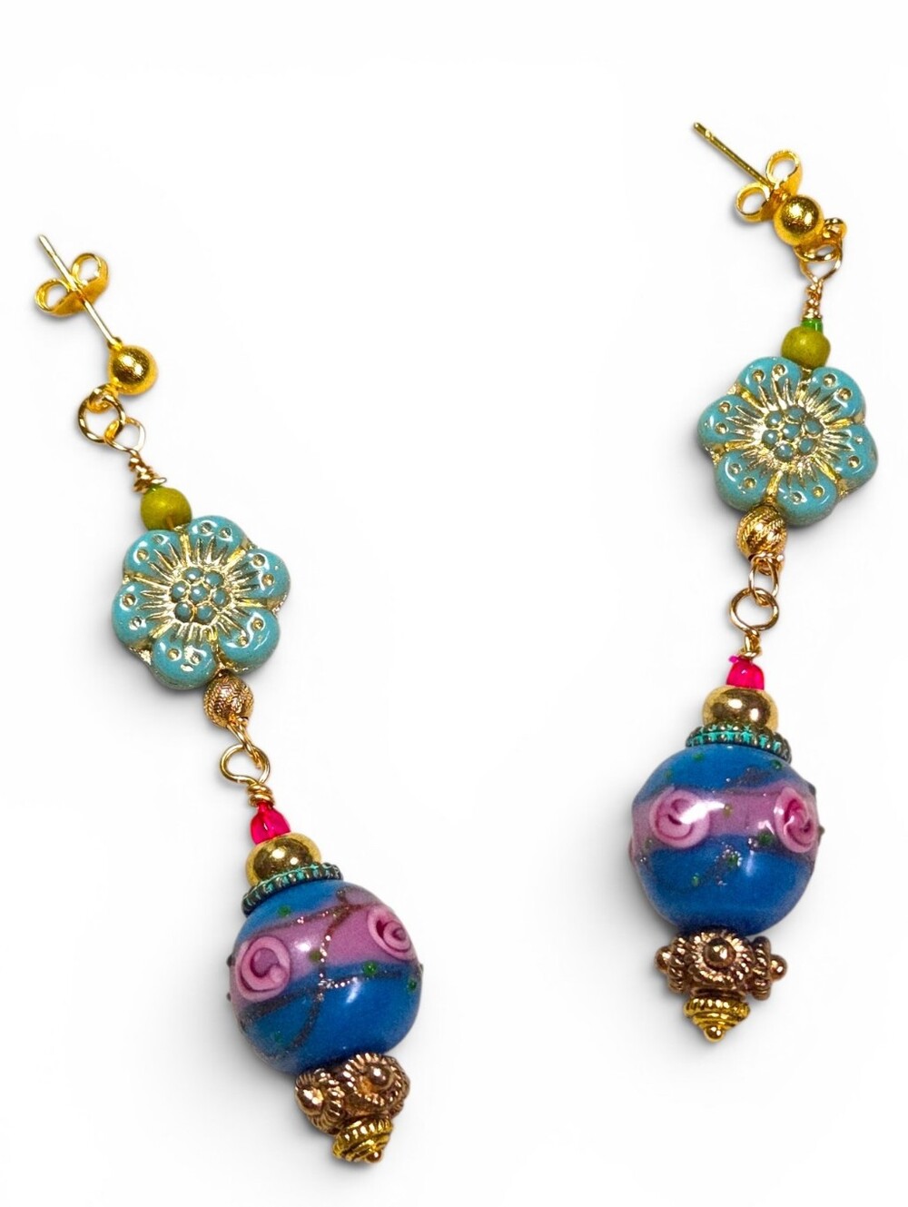 Dopamine Flower Artisan Madw Earrings Blue Pink Gold 2.5" Long Vintage NEW